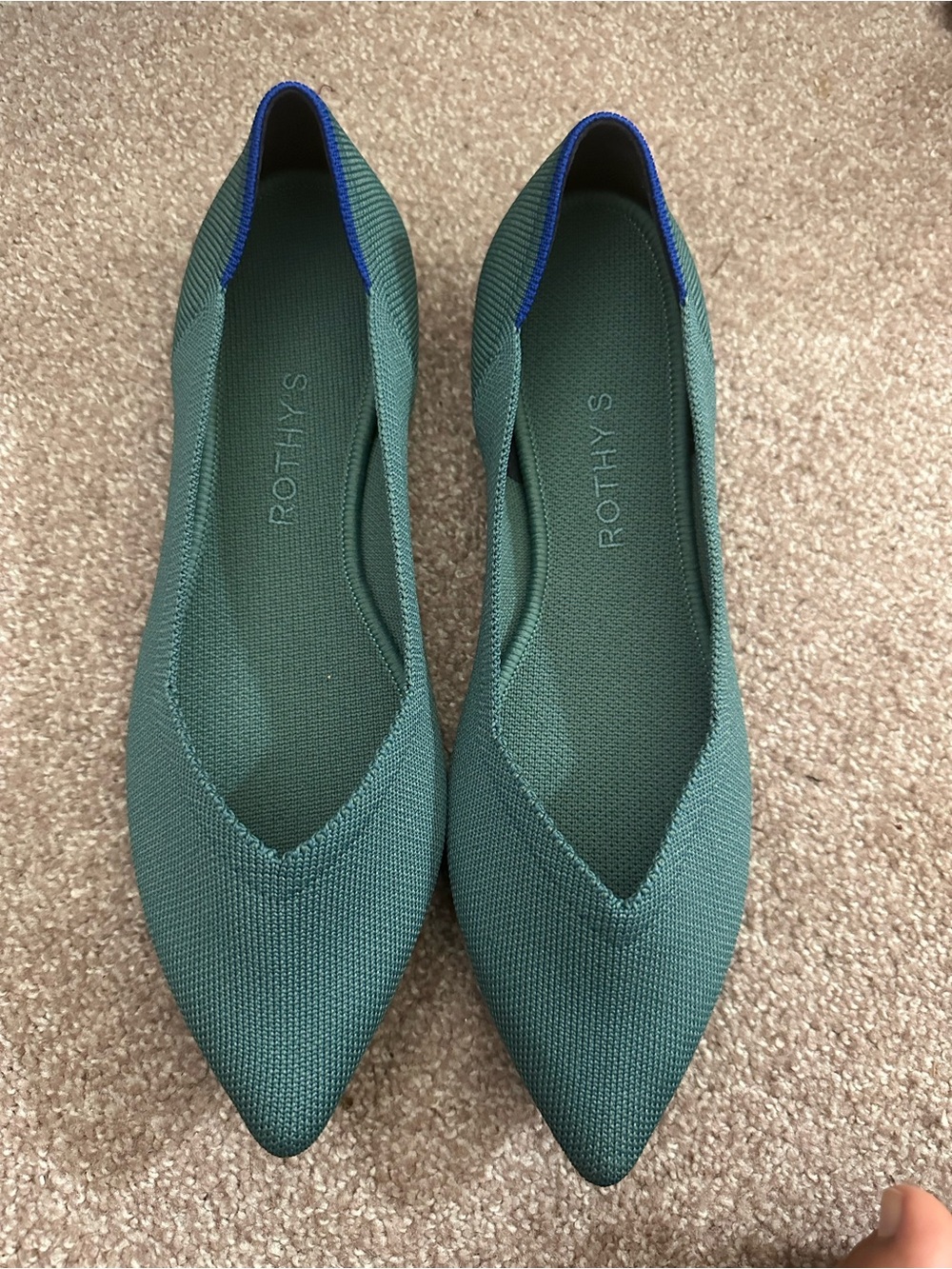 Rothy's Pointed Knit Flats in Teal with Blue Trim